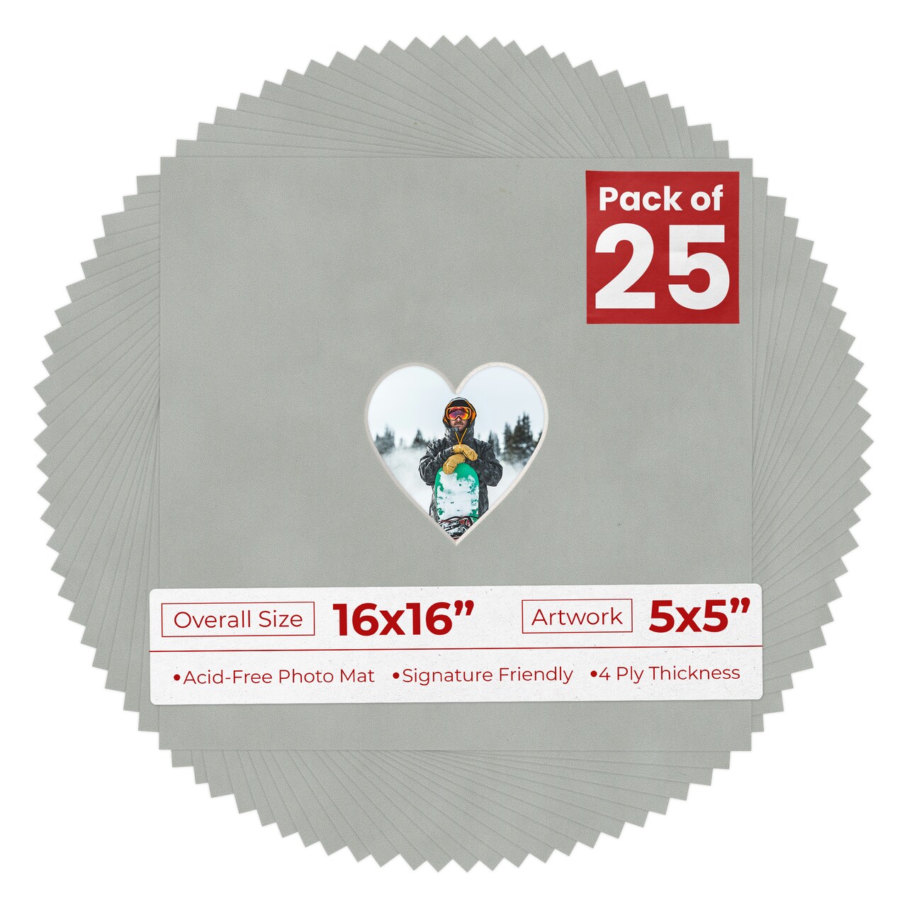 Light Grey Suede Mat Board for 16x16 Frames - Heart Opening for 5x5 Photos